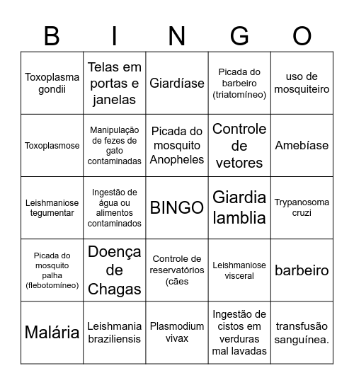 BINGO DAS PROTOZOZES Bingo Card