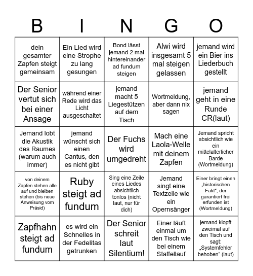 Fuxenkneipe (ab Inoffiz nach Damenrede) Bingo Card