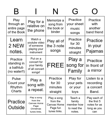 Thanksgiving Break Band Bingo Card