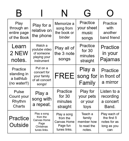 Thanksgiving Break Band Bingo Card