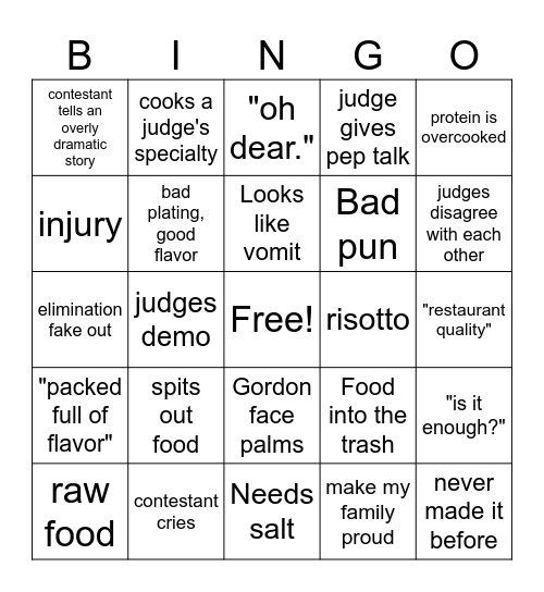 Masterchef Bingo Card