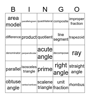 Common Core Math Vocabulary Bingo Card