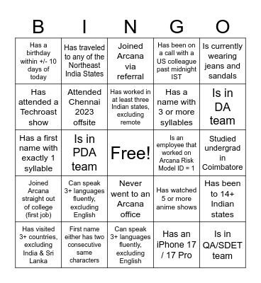 Arcana Icebreakers Bingo Card