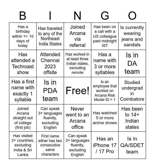 Arcana Icebreakers Bingo Card