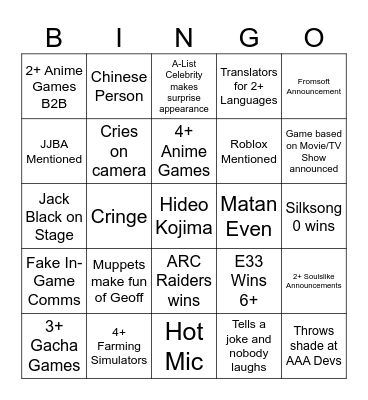 TGA 2025 Bingo Card