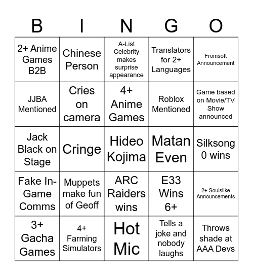 TGA 2025 Bingo Card