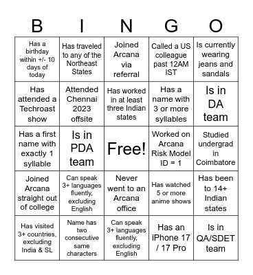 Arcana Icebreakers Bingo Card