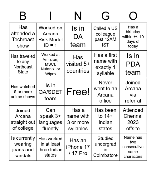 Arcana Icebreakers Bingo Card