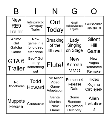 Game Awards 2025 Bingo Card