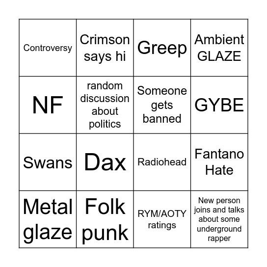 Casual Music Discussion Bingo Card