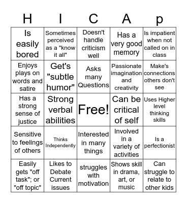 Gifted Characteristic Hunt Bingo Card