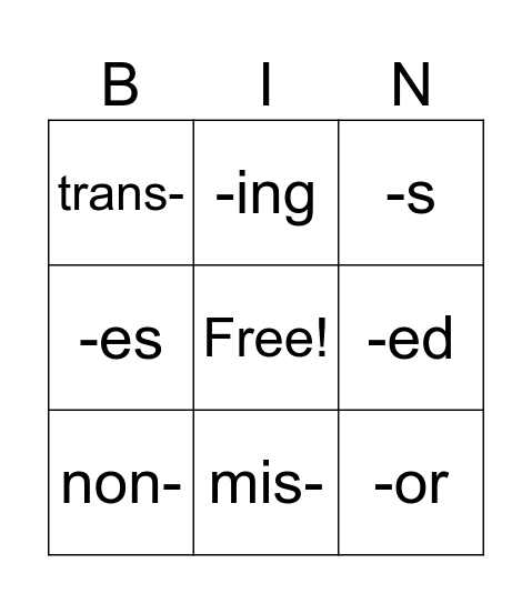 Morpheme Bingo Card