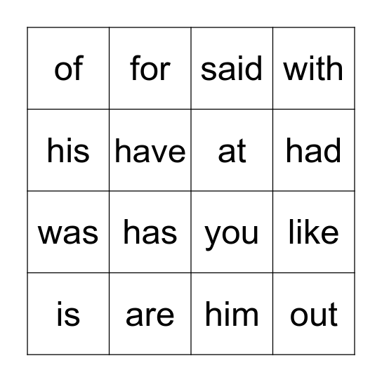 Heart Word Bingo Card