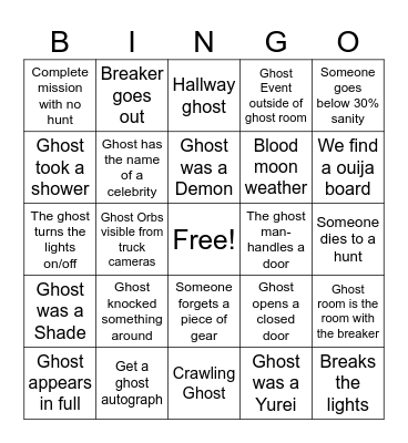 PhasmoPHOBIA Bingo Card
