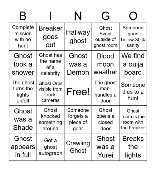 PhasmoPHOBIA Bingo Card