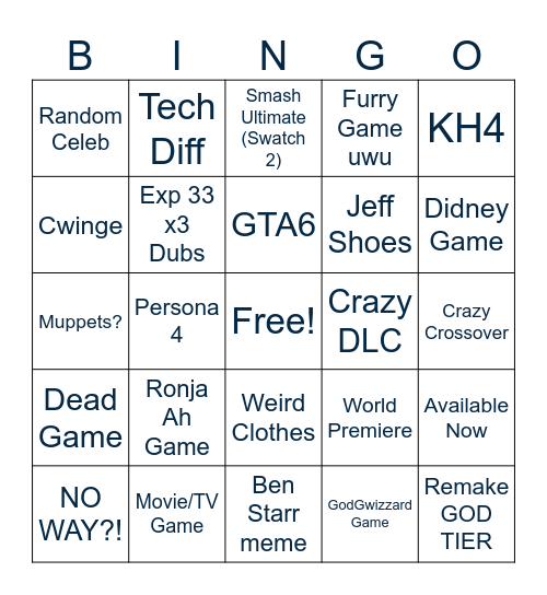 Game Awards 2025 Bingo Card