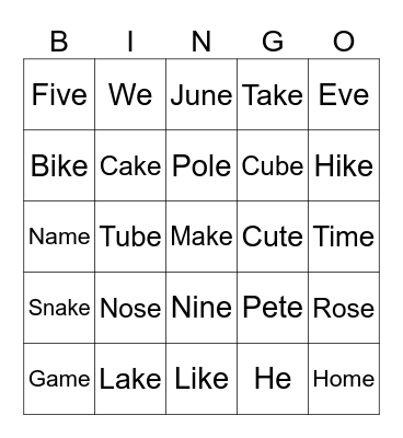 Magic E Bingo Card