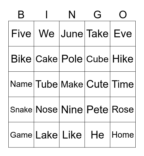Magic E Bingo Card