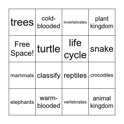 Warm-Blooded and Cold-Blooded Animals Bingo Card