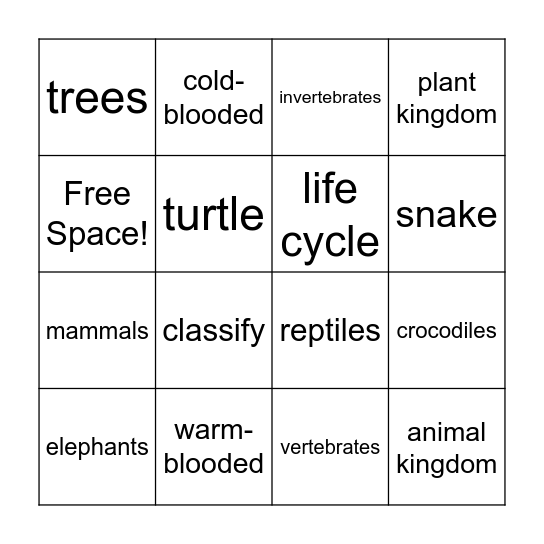 Warm-Blooded and Cold-Blooded Animals Bingo Card