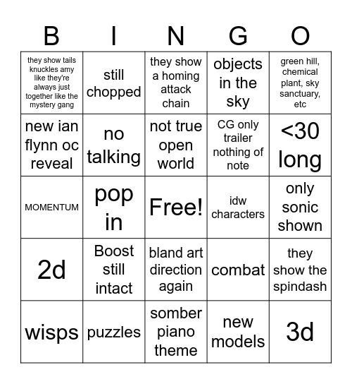 sonic tga bingo Card