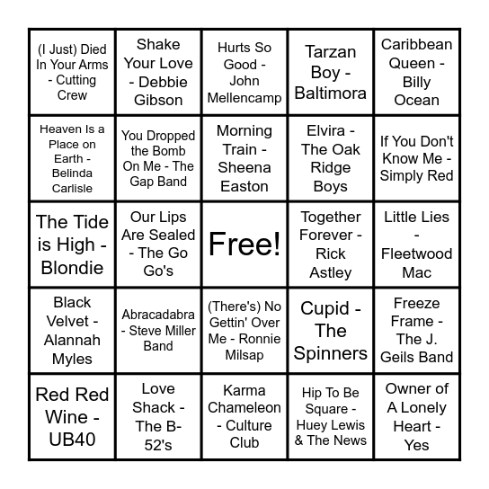 80's BILLBOARD'S HITS Bingo Card