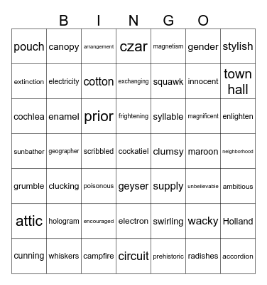 Spelling Bingo Card