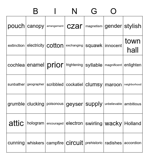 Spelling Bingo Card
