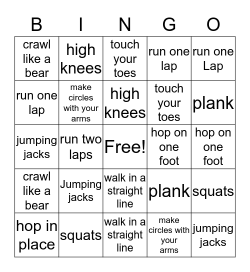 workout bingo Card