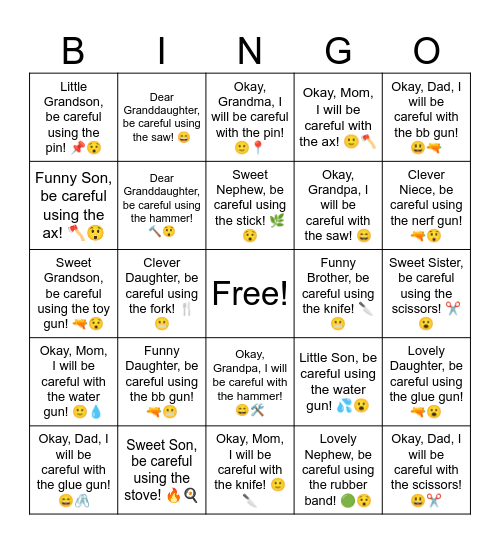 B5 L15 Lovely Daughter, be careful using the glue gun! 🔫😮 Bingo Card