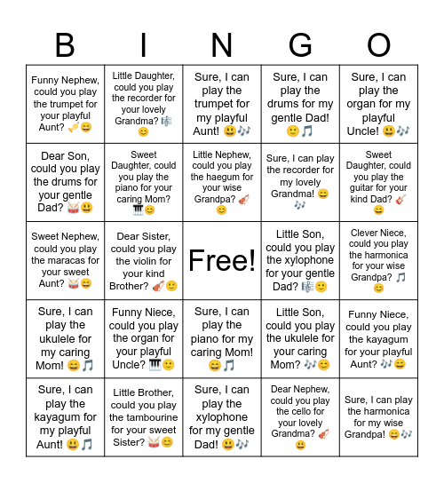 B5 L17 Sure, I can play the drums for my gentle Dad! 🙂🎵 Bingo Card
