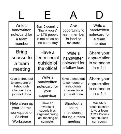 Leads Meeting Post Activity: Recognition Bingo! Bingo Card