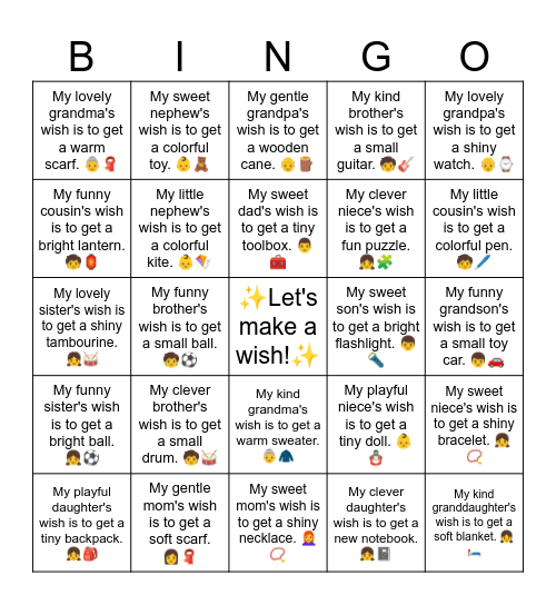 B5 L18 My funny cousin's wish is to get a bright lantern. 🧒🏮 Bingo Card