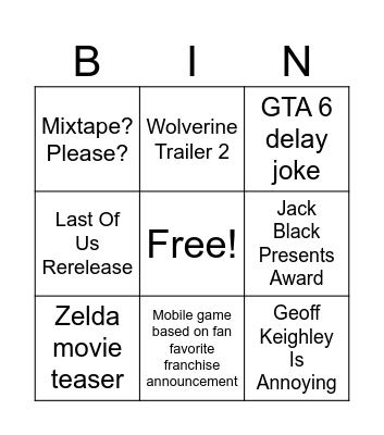 Game Awards Bingo Card