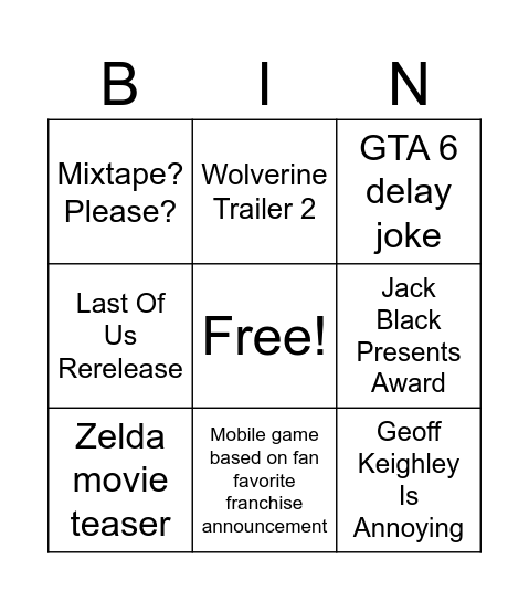 Game Awards Bingo Card