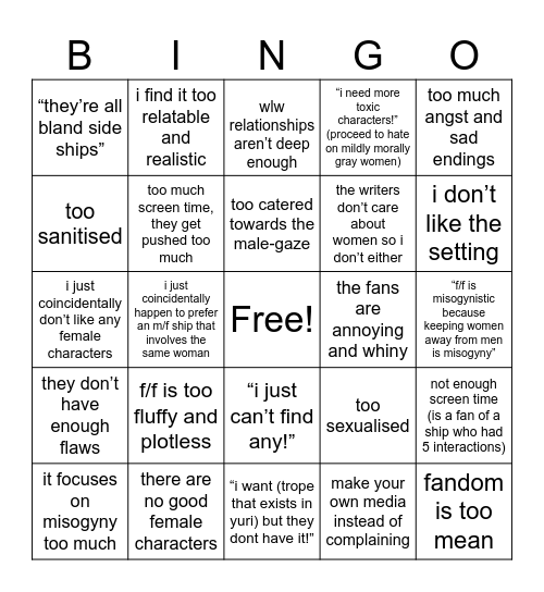 why i don’t like f/f media Bingo Card
