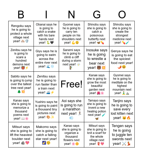 B18 L17 Inosuke says he is going to wrestle a bear next year! 🐻💥 Bingo Card