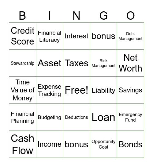 Financial Stewardship Bingo Card