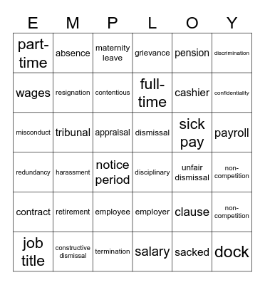 Employment Law Bingo Card