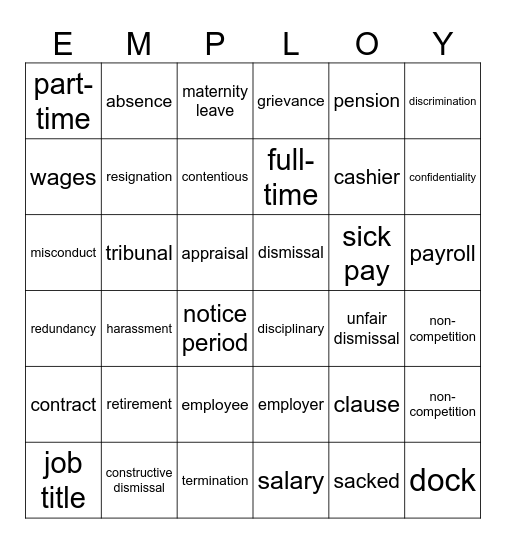 Employment Law Bingo Card