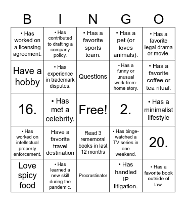 Legal & Compliance - Get to Know Bingo Card