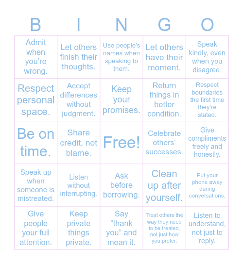 Respect Bingo Card