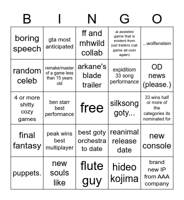 game award bingo Card