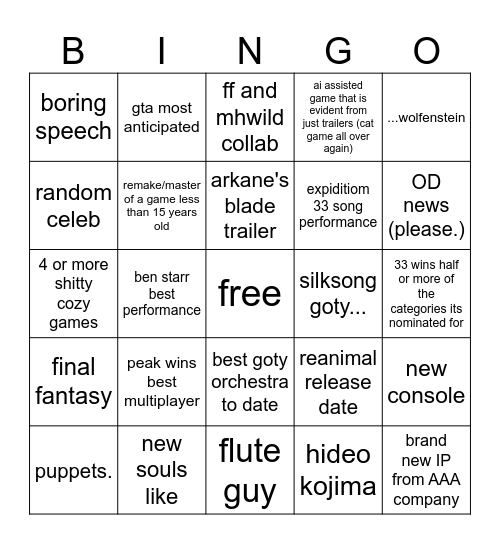 game award bingo Card