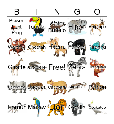 Jungle Animal Bingo Card