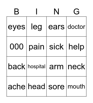 Health and body Bingo Card