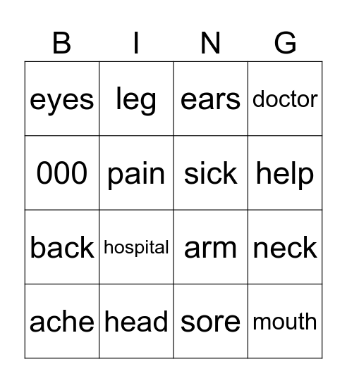Health and body Bingo Card