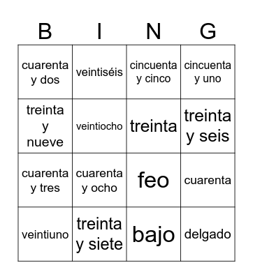 Numbers and Adjectives Bingo Card