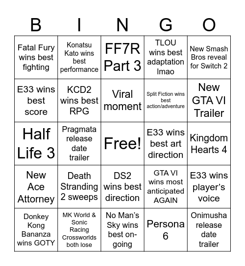 TGA 2025 Bingo Card