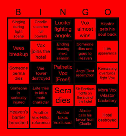 S2 Finale Predictions Bingo Card